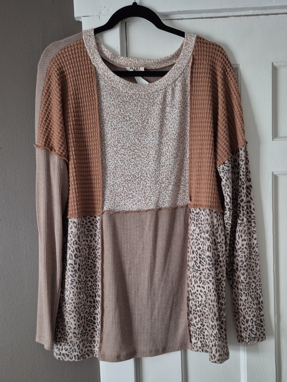 BiBi Patchwork Long Sleeve Top in Taupe and Cream